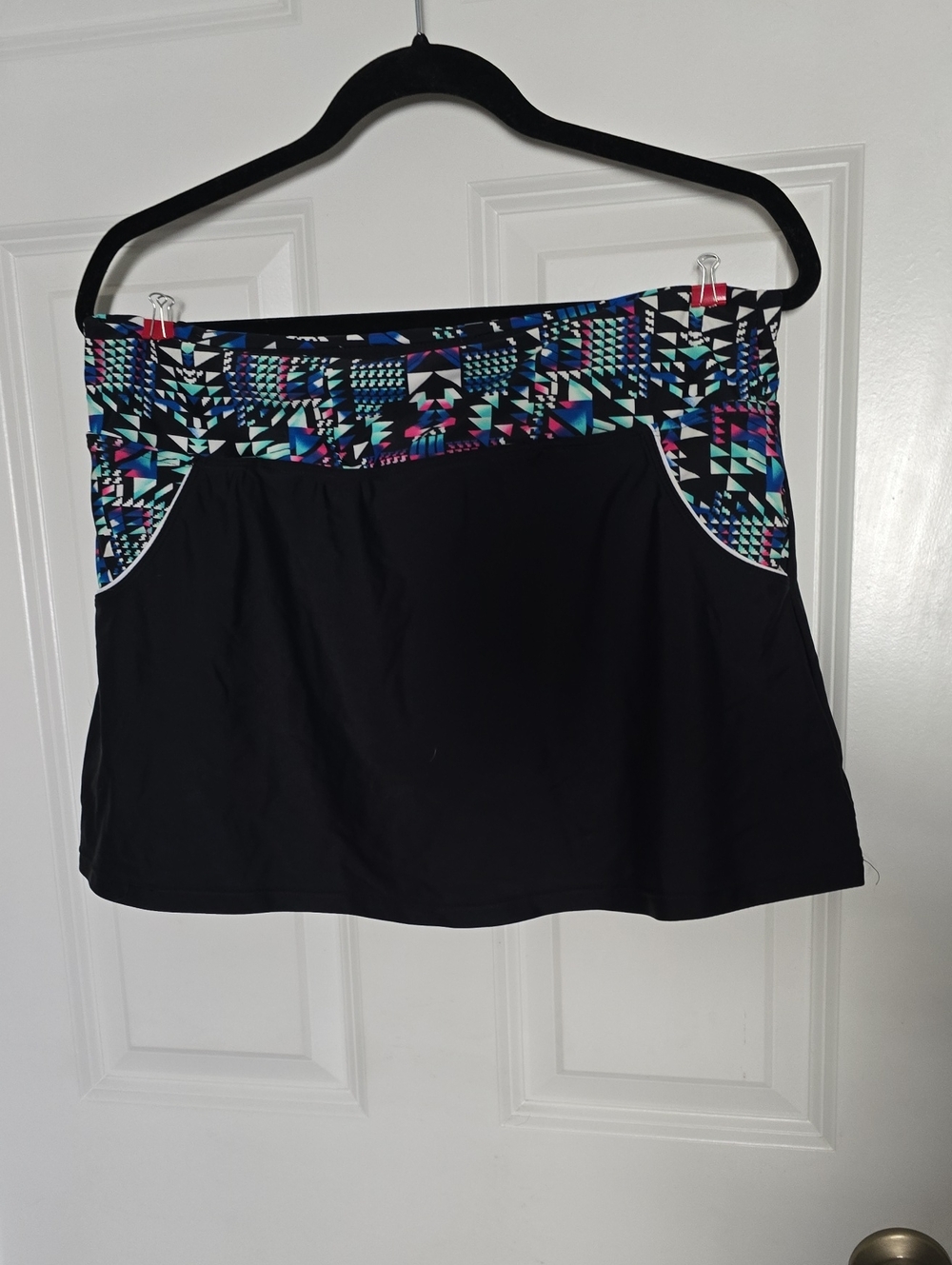 Black Swim Skirt with Geometric Multicolor Waistband